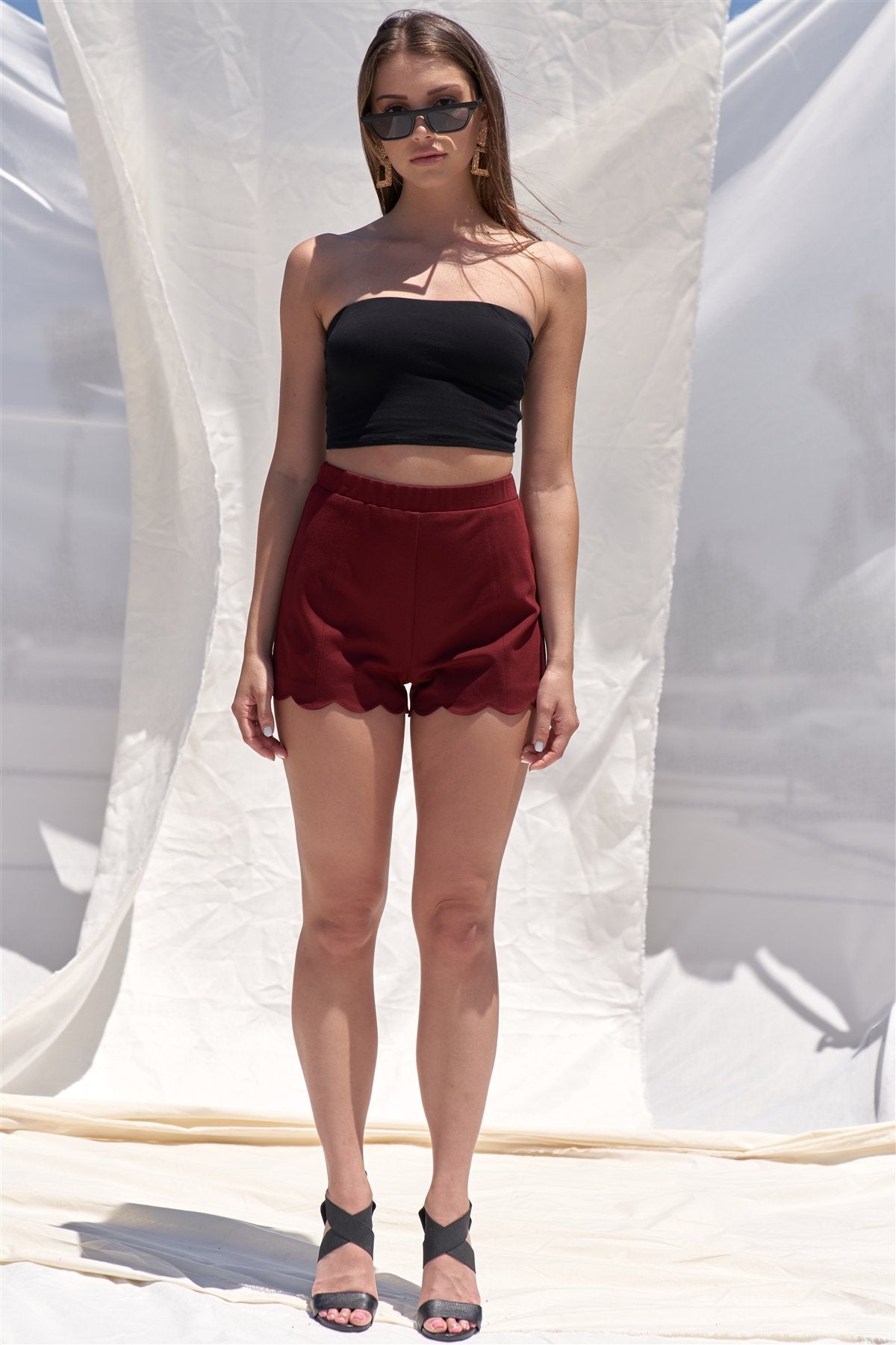 Solid Burgundy Red High Waist Elasticized Waistband Unlined Mini Shorts With Scalloped Bottom Hem - YuppyCollections