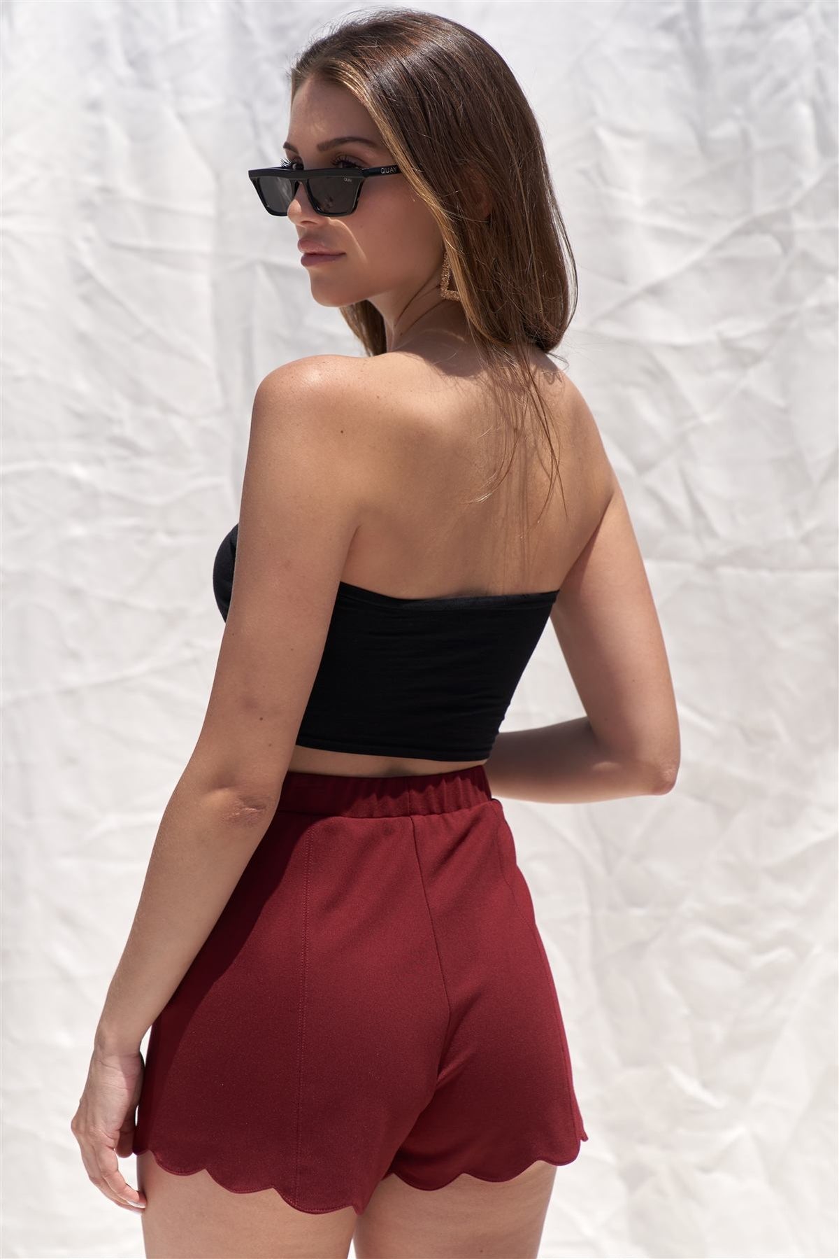 Solid Burgundy Red High Waist Elasticized Waistband Unlined Mini Shorts With Scalloped Bottom Hem - YuppyCollections