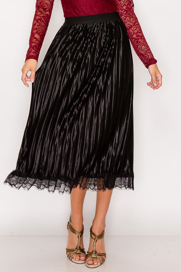 Lace Trim Accordion Pleated Midi Skirt - YuppyCollections