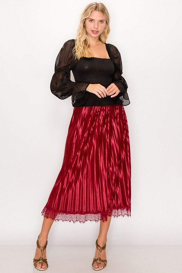 Lace Trim Accordion Pleated Midi Skirt - YuppyCollections