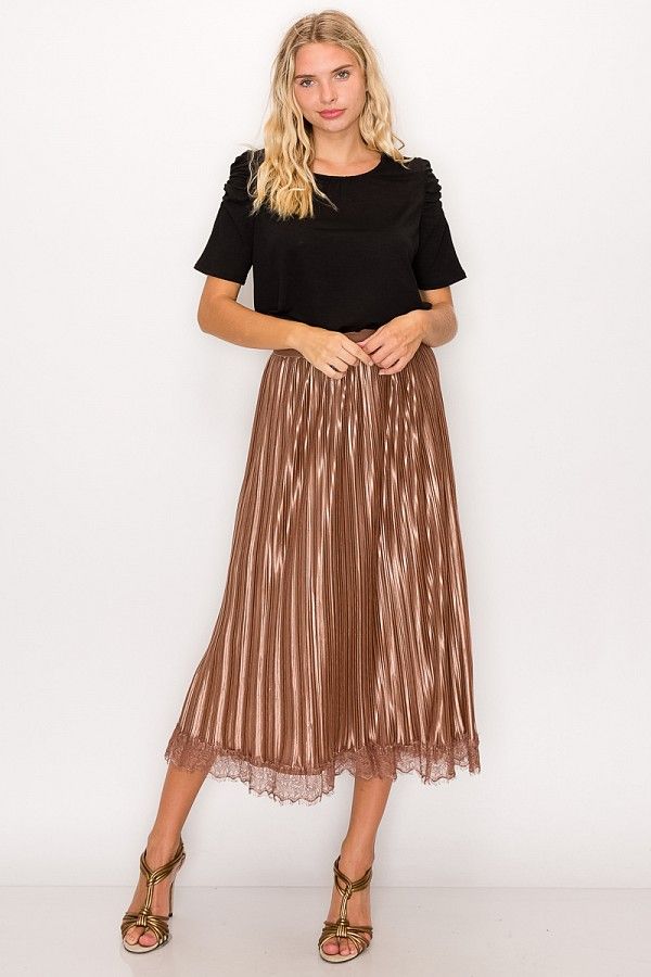 Lace Trim Accordion Pleated Midi Skirt - YuppyCollections