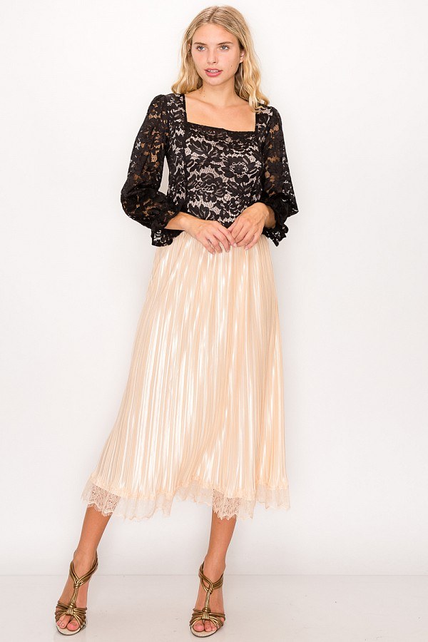 Lace Trim Accordion Pleated Midi Skirt - YuppyCollections