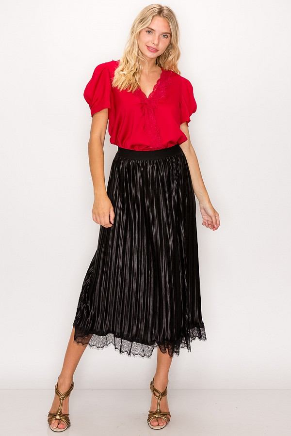 Lace Trim Accordion Pleated Midi Skirt - YuppyCollections