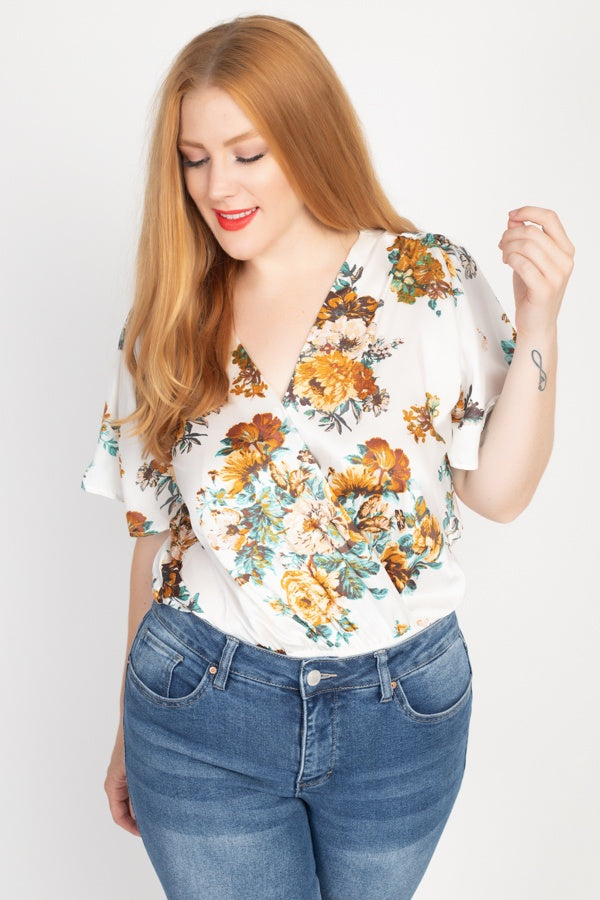 Floral Print Front Warp Bodysuit - YuppyCollections