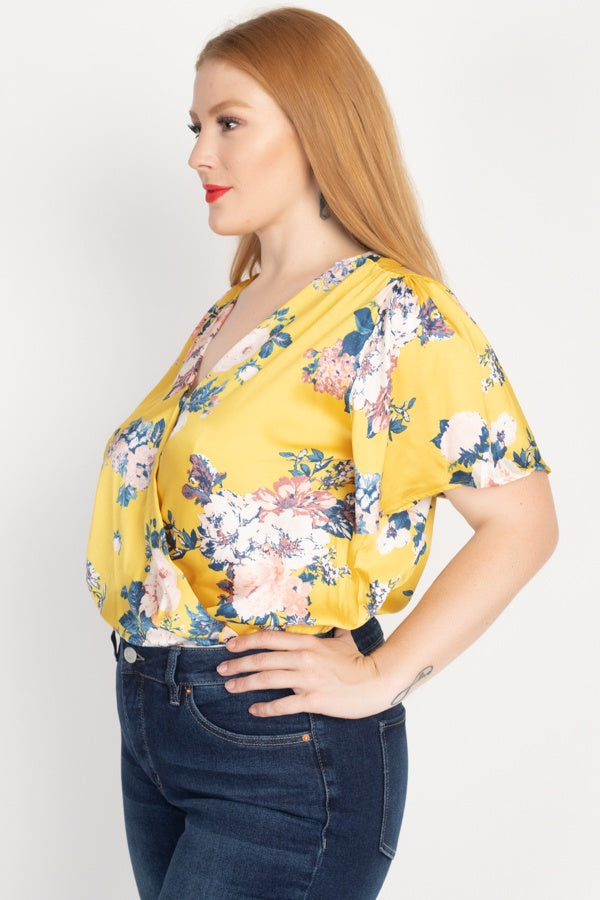 Floral Print Front Warp Bodysuit - YuppyCollections