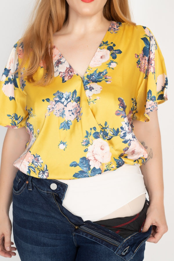 Floral Print Front Warp Bodysuit - YuppyCollections