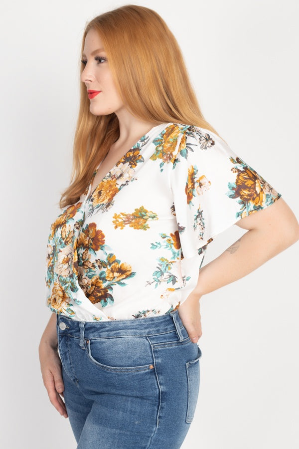 Floral Print Front Warp Bodysuit - YuppyCollections