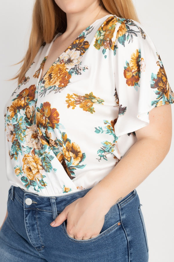 Floral Print Front Warp Bodysuit - YuppyCollections