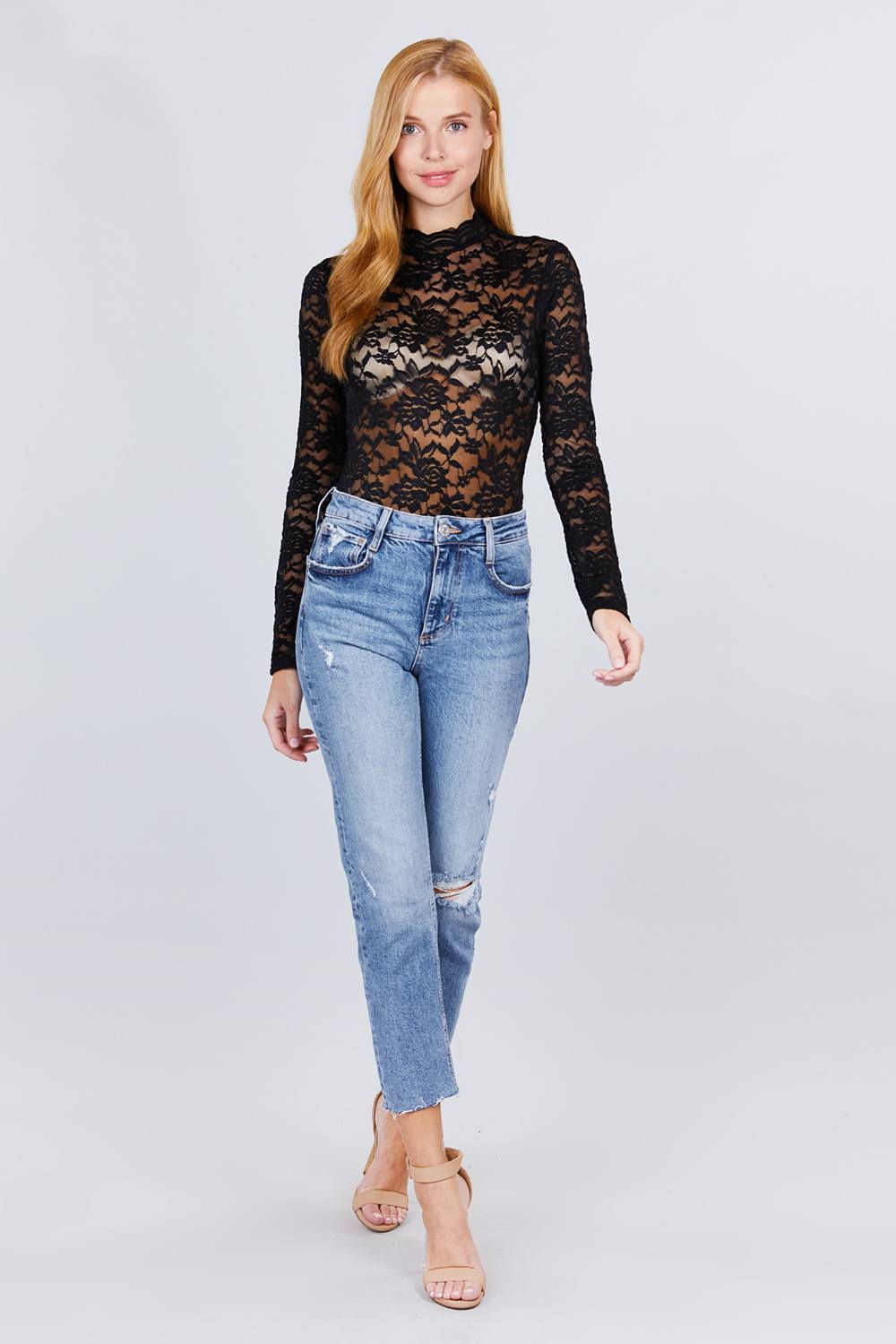 Long Sleeve Scallop Mock Neck Lace Bodysuit - YuppyCollections