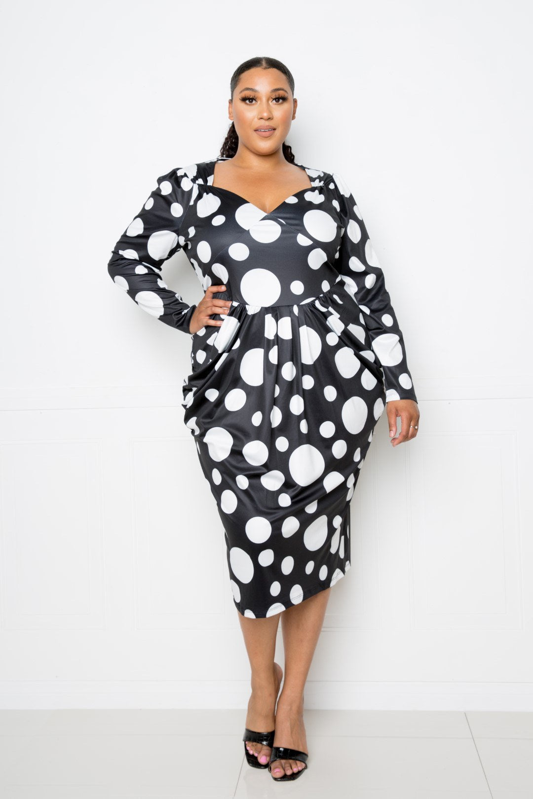 Polka Dot Drop Waist Ruched Midi Dress - YuppyCollections