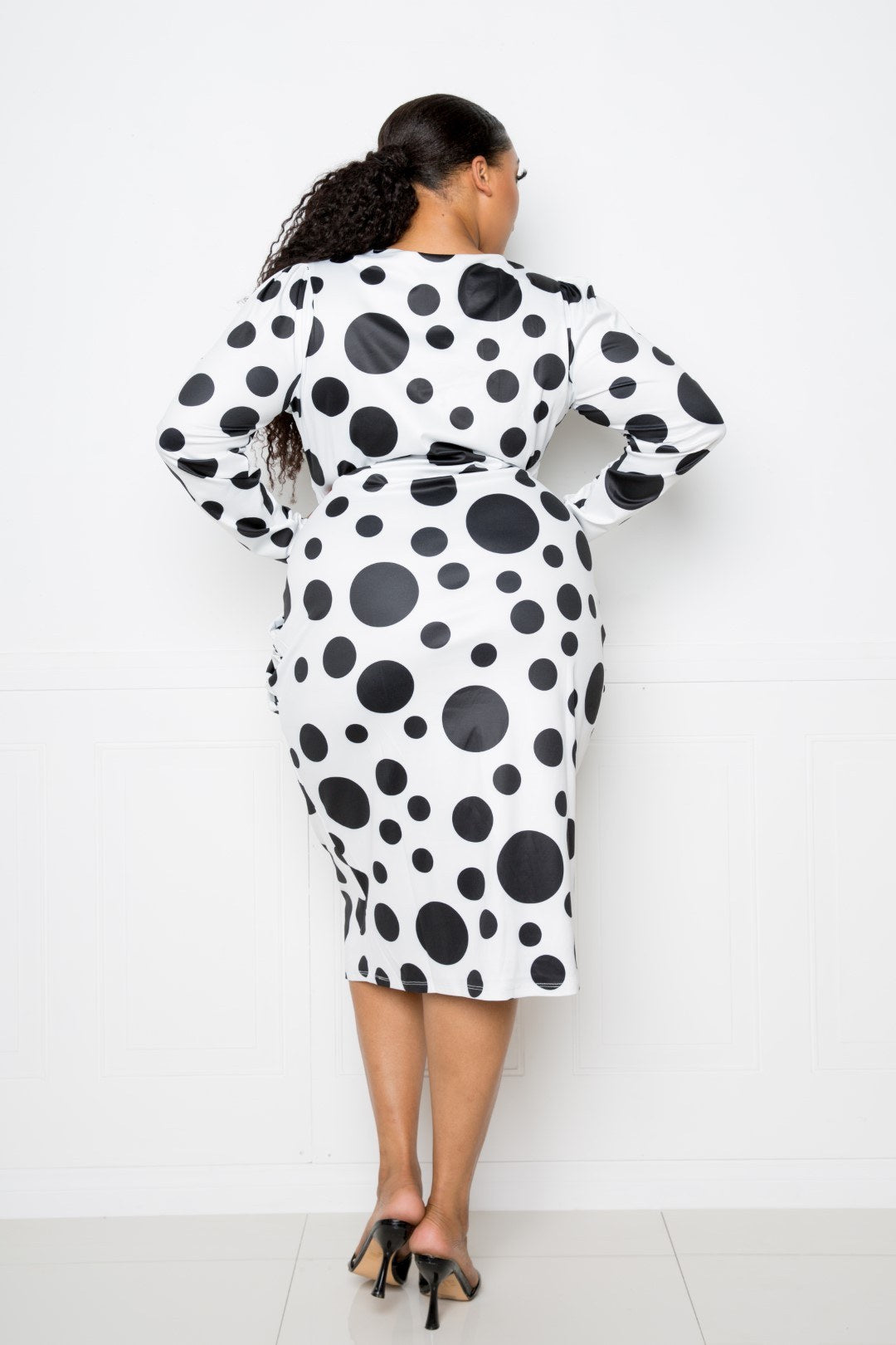 Polka Dot Drop Waist Ruched Midi Dress - YuppyCollections