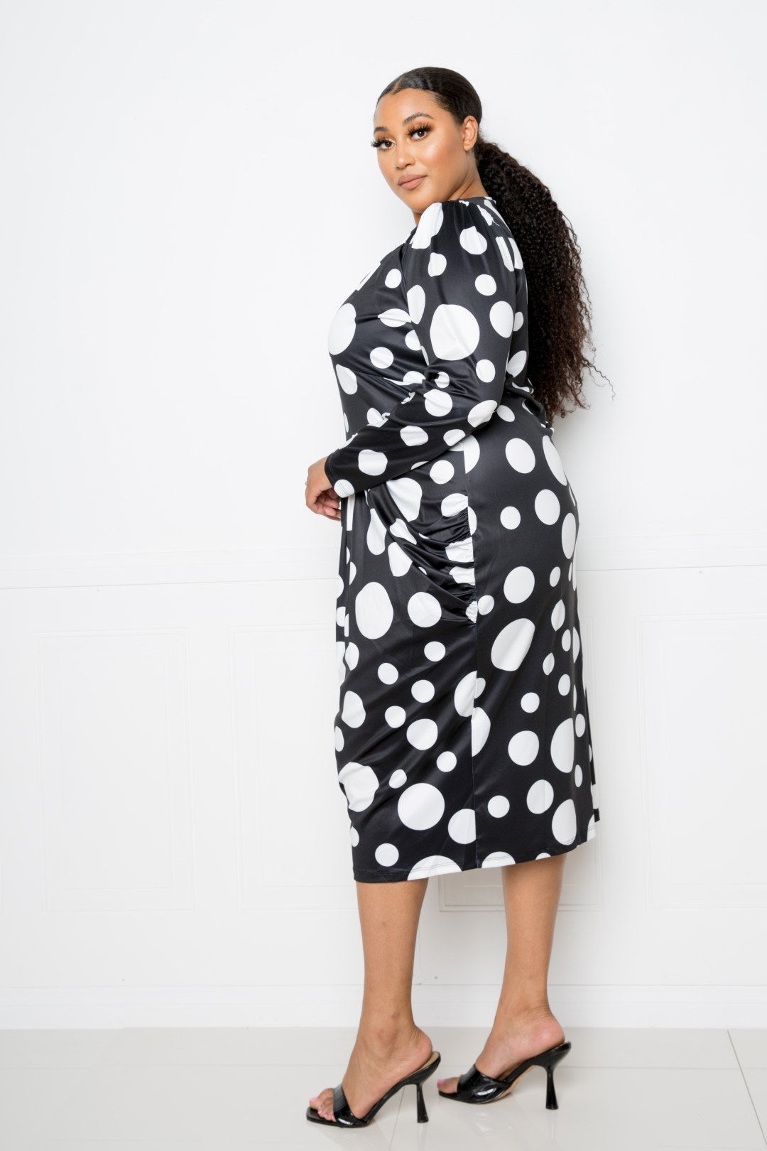 Polka Dot Drop Waist Ruched Midi Dress - YuppyCollections