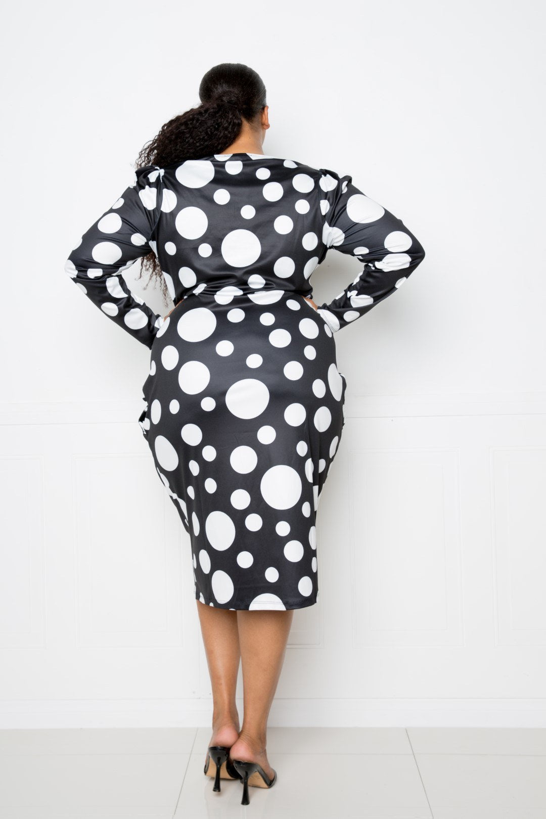 Polka Dot Drop Waist Ruched Midi Dress - YuppyCollections