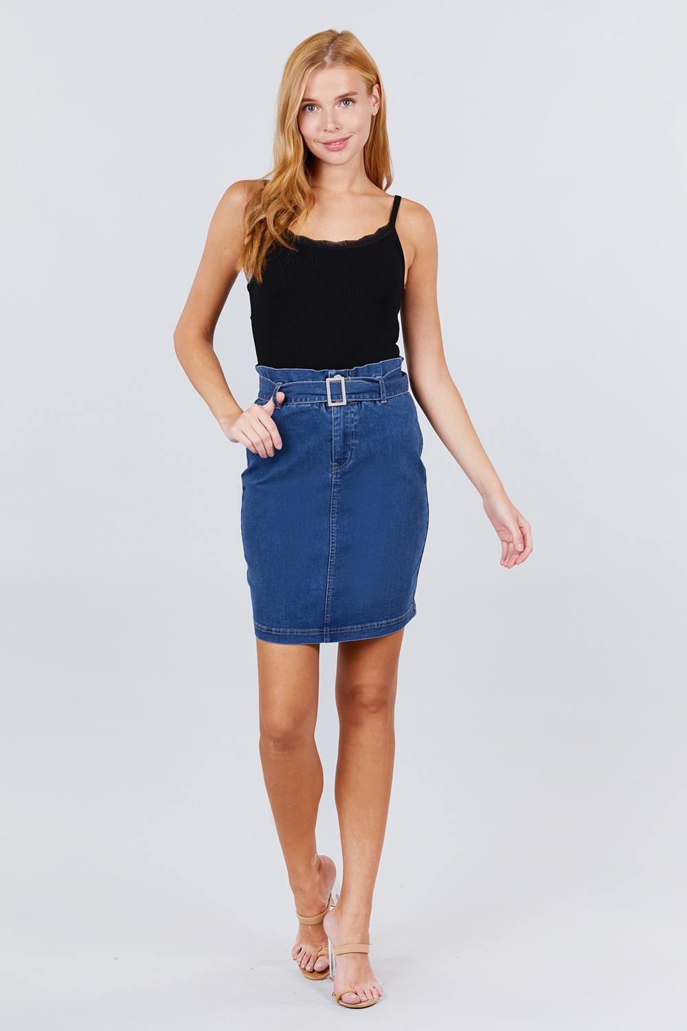 Elasticized Waist With Belt Side Pocket Denim Skirts - YuppyCollections