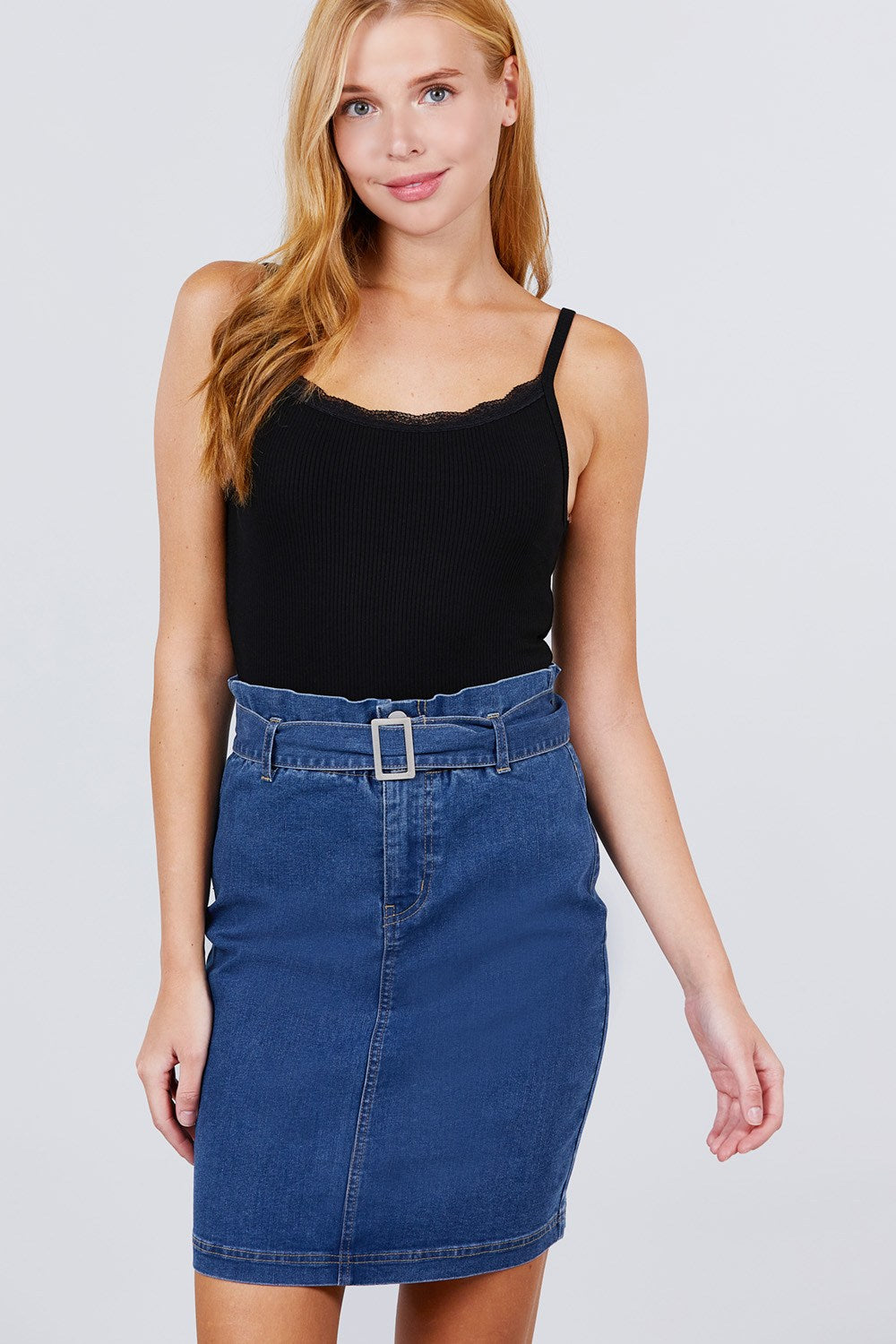 Elasticized Waist With Belt Side Pocket Denim Skirts - YuppyCollections