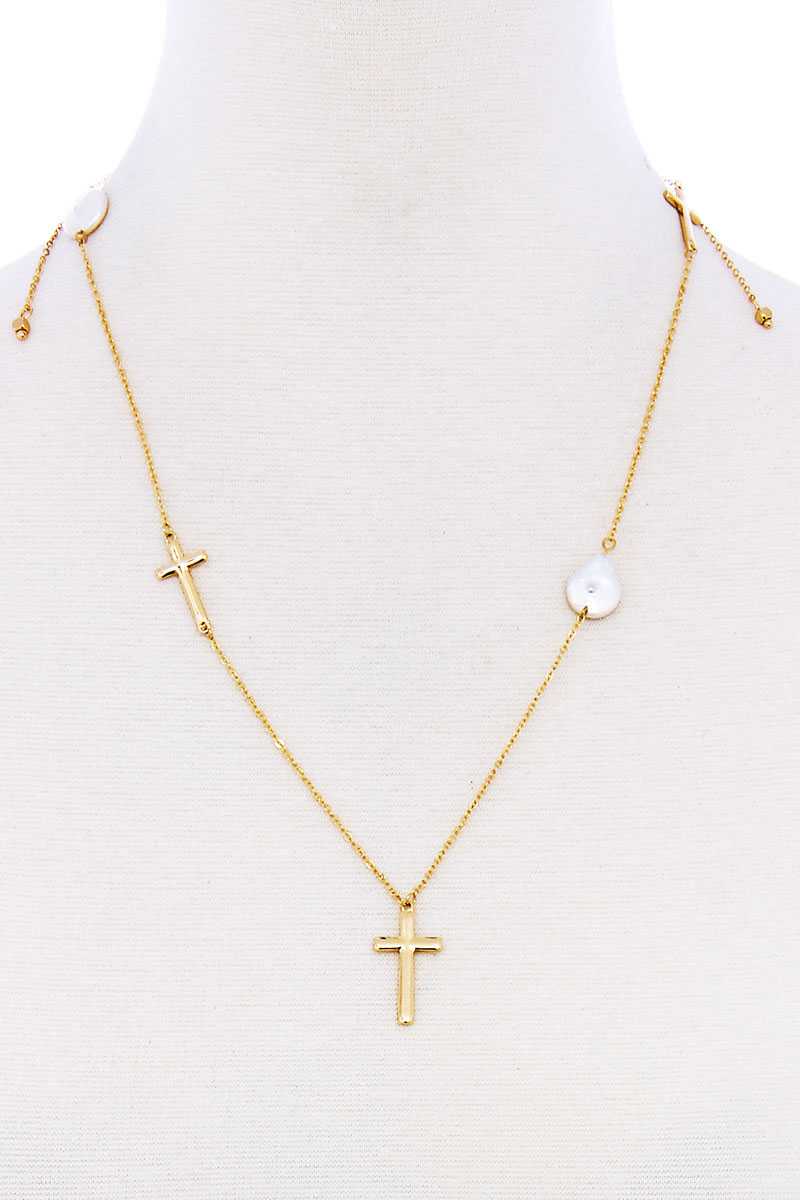 Triple Cross And Pearl Pendant Endless Necklace - YuppyCollections