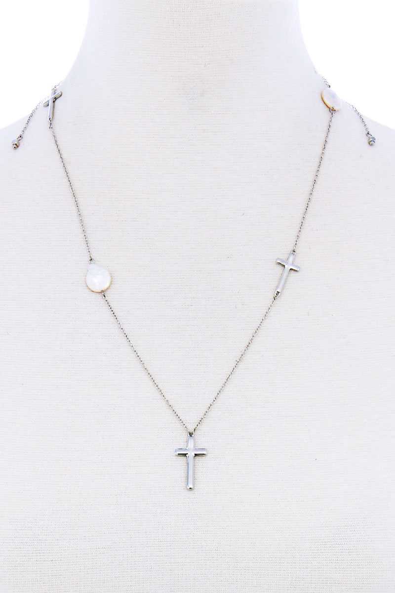 Triple Cross And Pearl Pendant Endless Necklace - YuppyCollections