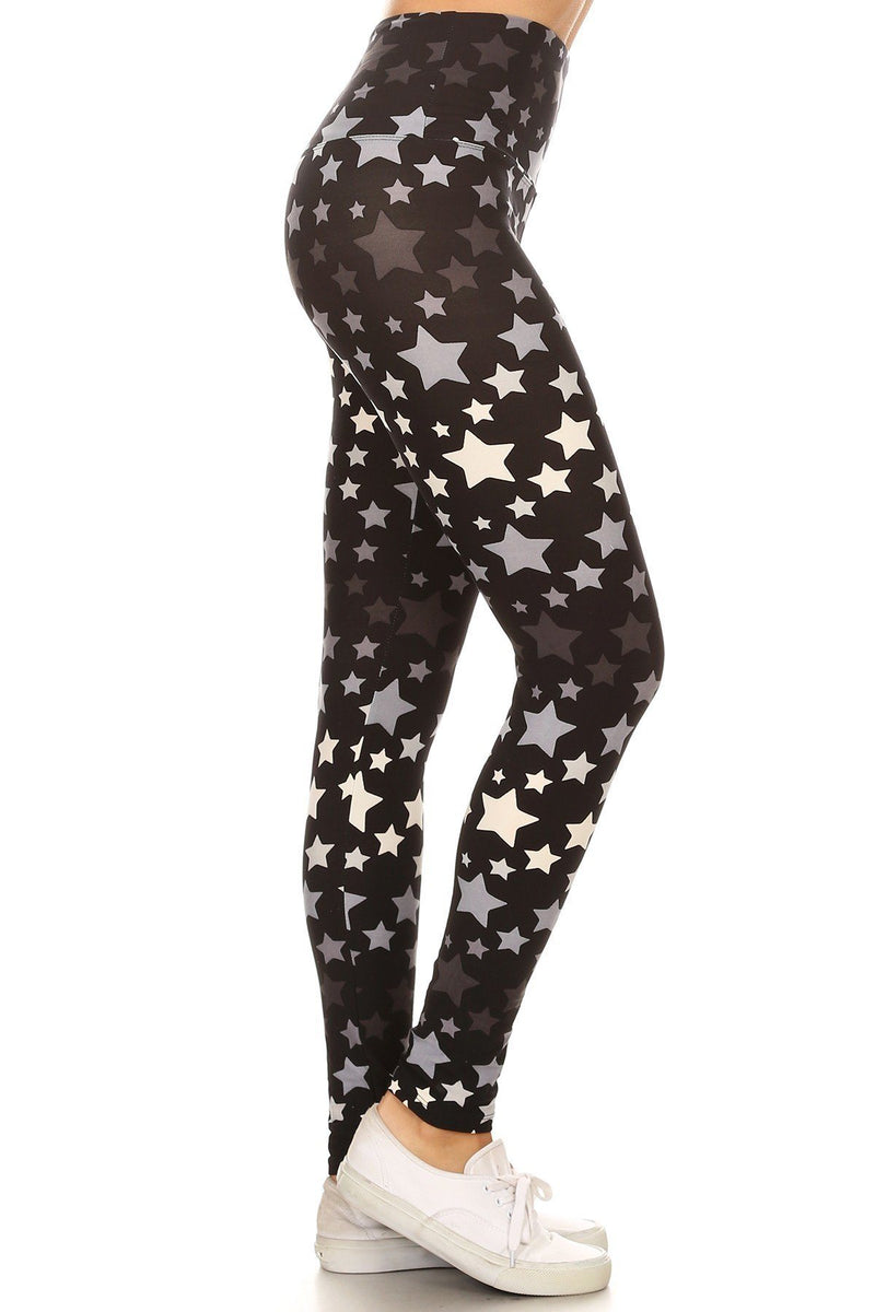 Long Yoga Style Banded Lined Stars Printed Knit Legging With High Waist. - YuppyCollections