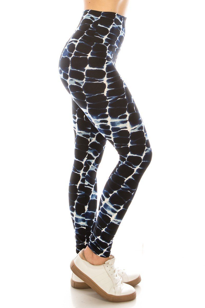 Long Yoga Style Banded Lined Abstract Printed Knit Legging With High Waist. - YuppyCollections