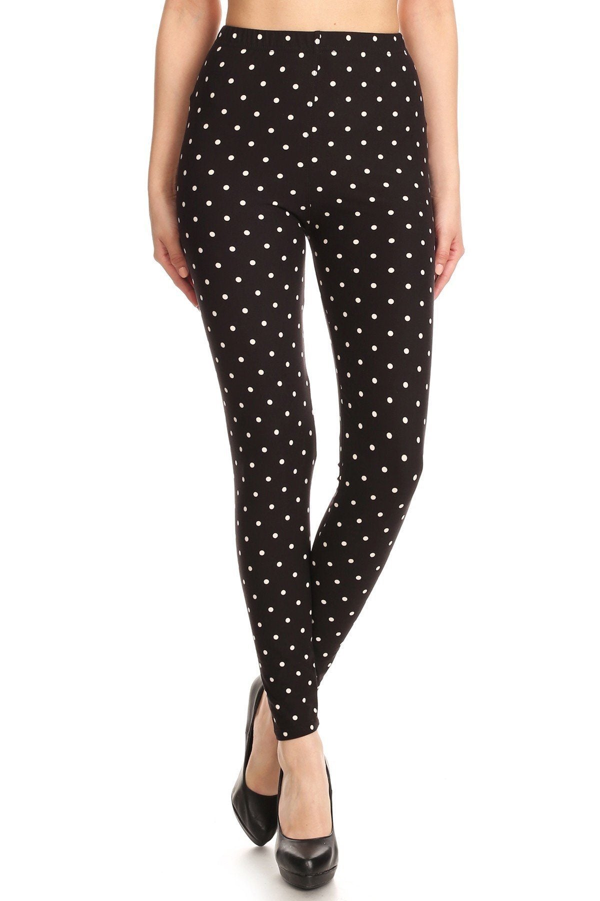 High Waisted Leggings With An Elastic Band In A White Polka Dot Print Over A Black Background - YuppyCollections