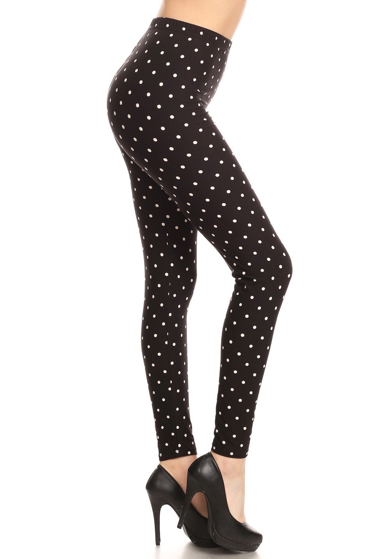 High Waisted Leggings With An Elastic Band In A White Polka Dot Print Over A Black Background - YuppyCollections