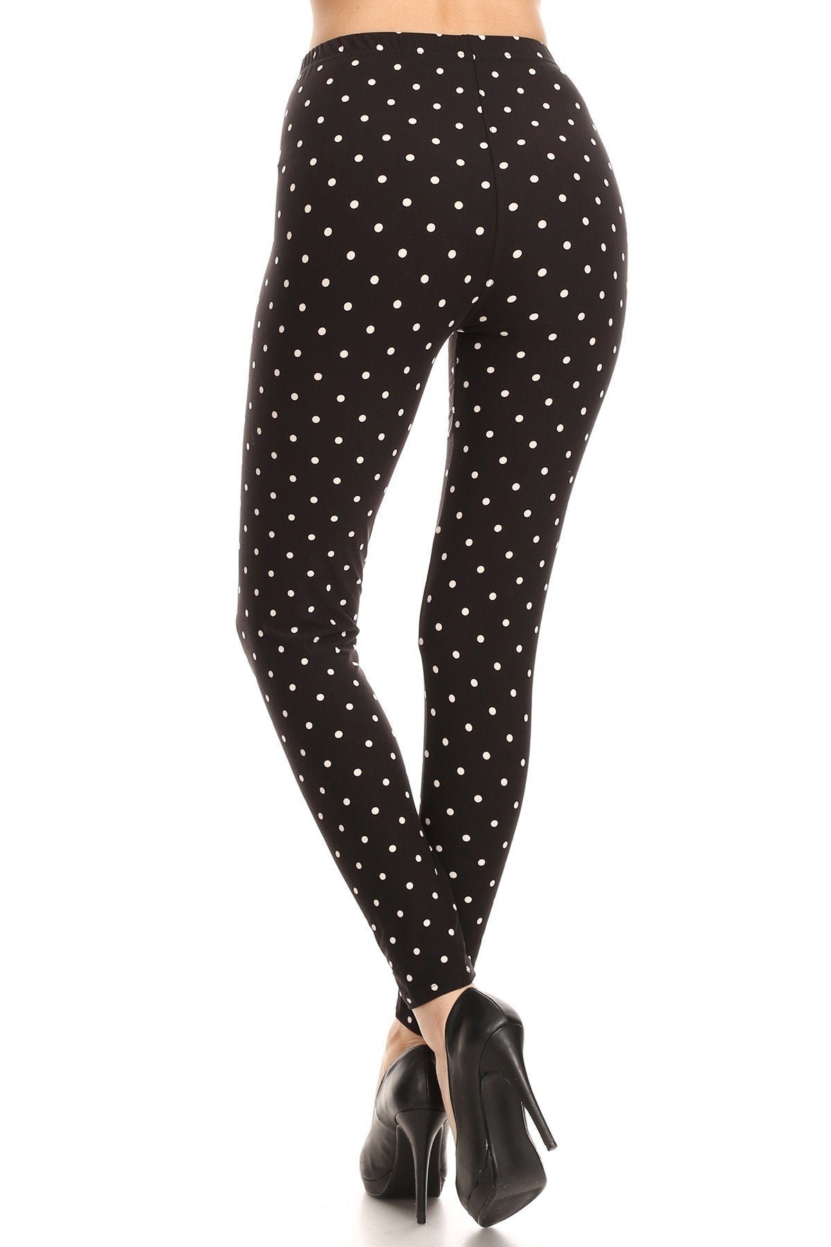 High Waisted Leggings With An Elastic Band In A White Polka Dot Print Over A Black Background - YuppyCollections