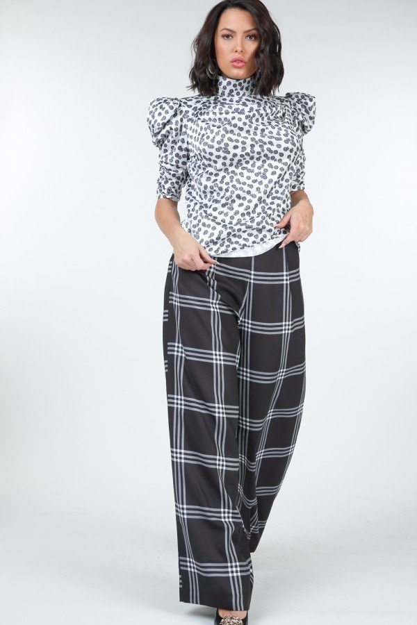 High Waist Plaid Print Wide Leg Pants - YuppyCollections