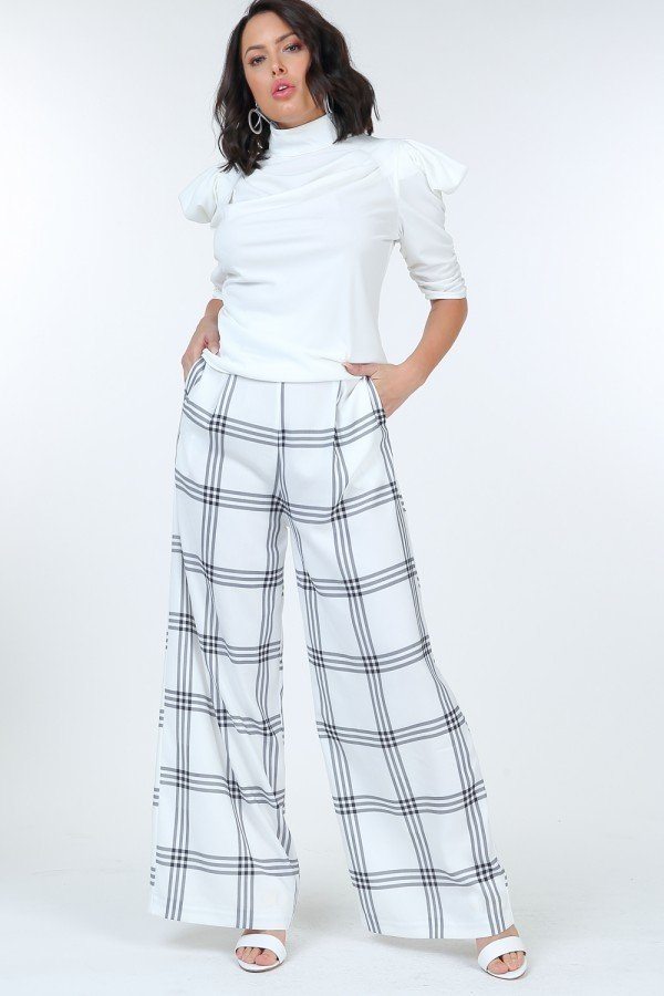 High Waist Plaid Print Wide Leg Pants - YuppyCollections