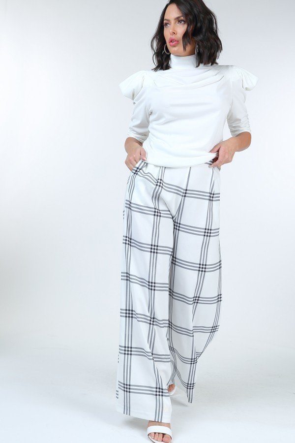 High Waist Plaid Print Wide Leg Pants - YuppyCollections