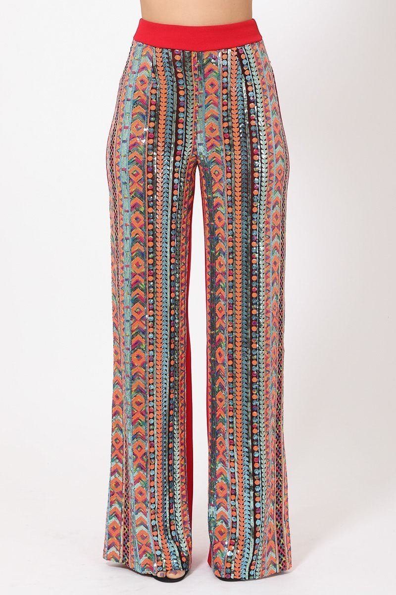 High Waist Colorful Sequins Pattern Pants - YuppyCollections