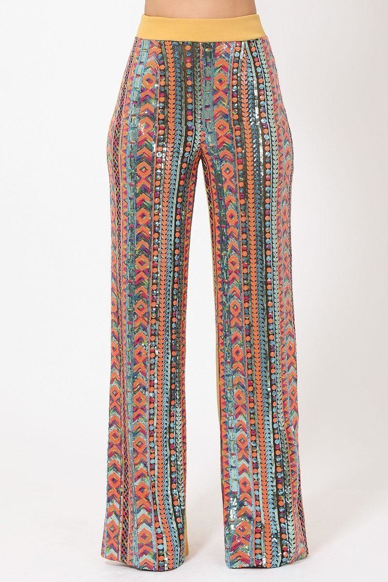 High Waist Colorful Sequins Pattern Pants - YuppyCollections