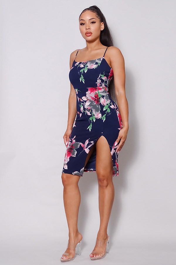 Sexy Spaghetti Strap Front Slit Floral Midi Dress - YuppyCollections