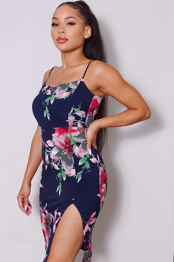 Sexy Spaghetti Strap Front Slit Floral Midi Dress - YuppyCollections