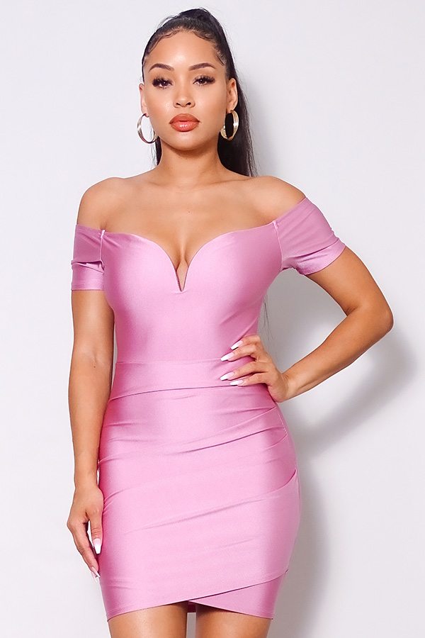 Off Shoulder V Front Gathered Bodycon Mini Dress - YuppyCollections