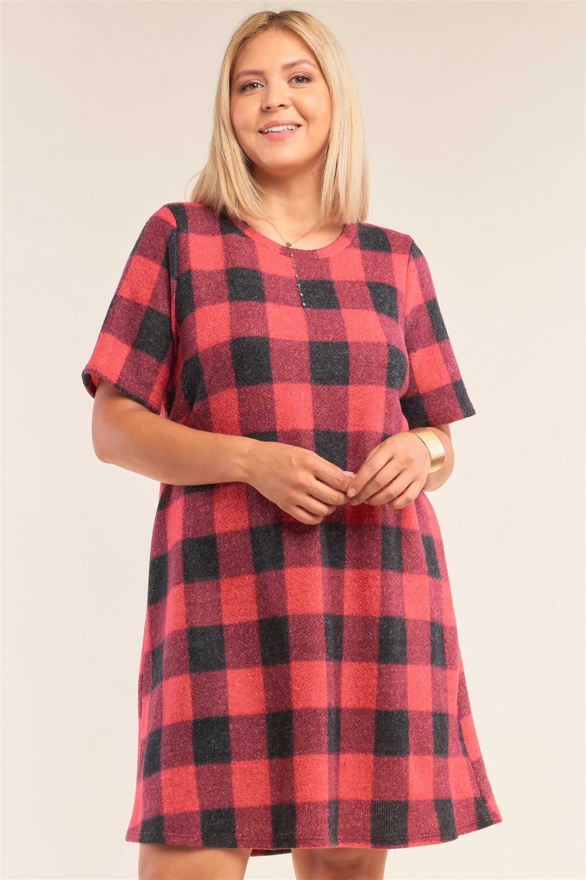 Plus Size Checkered Round Neck Short Sleeve Sweater Mini Dress - YuppyCollections