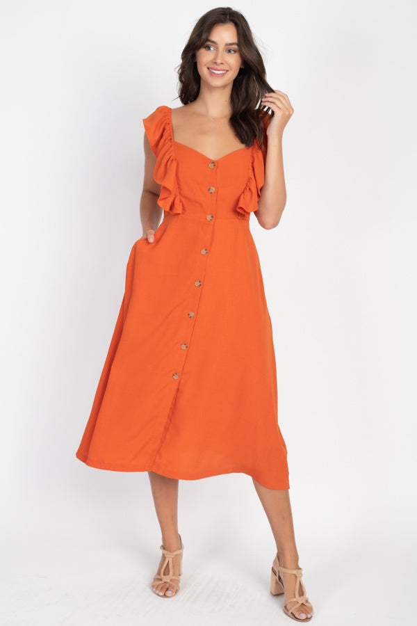 Button Front Ruffle Midi Dress - YuppyCollections