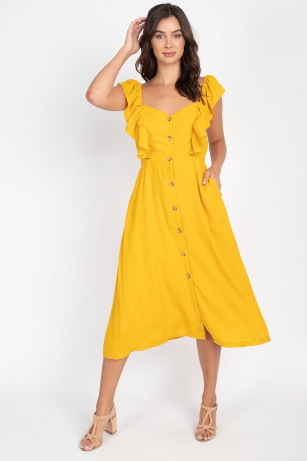 Button Front Ruffle Midi Dress - YuppyCollections