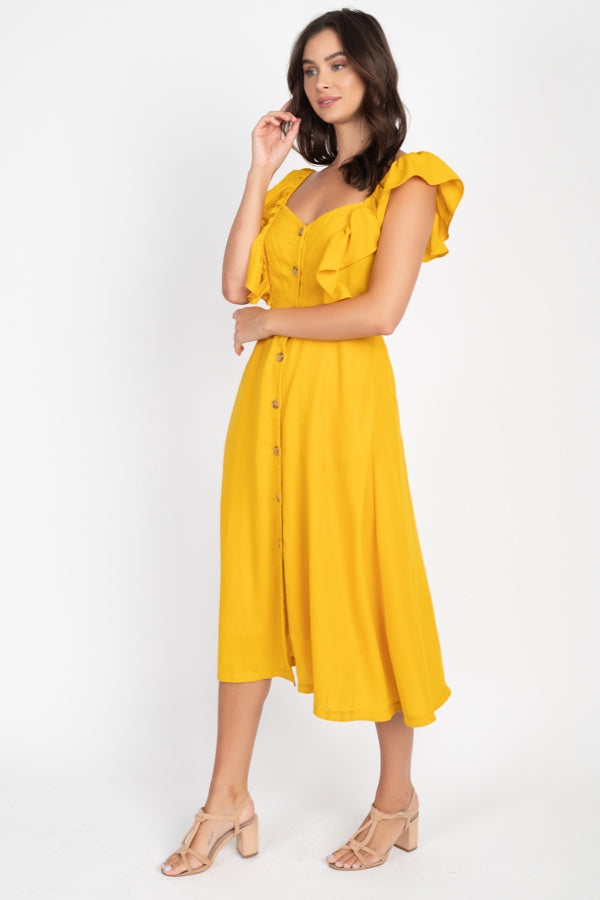 Button Front Ruffle Midi Dress - YuppyCollections