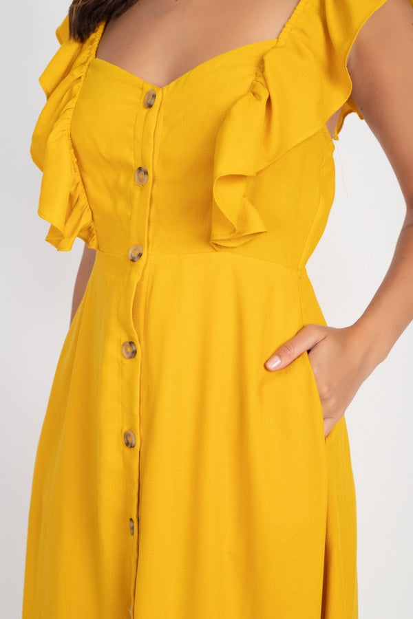 Button Front Ruffle Midi Dress - YuppyCollections