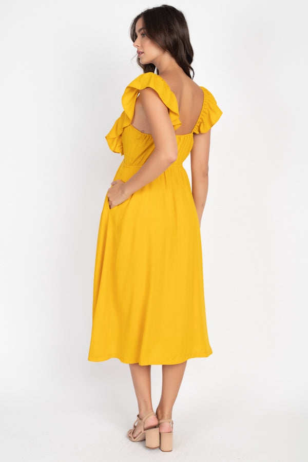 Button Front Ruffle Midi Dress - YuppyCollections