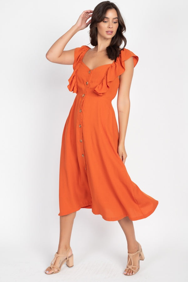 Button Front Ruffle Midi Dress - YuppyCollections