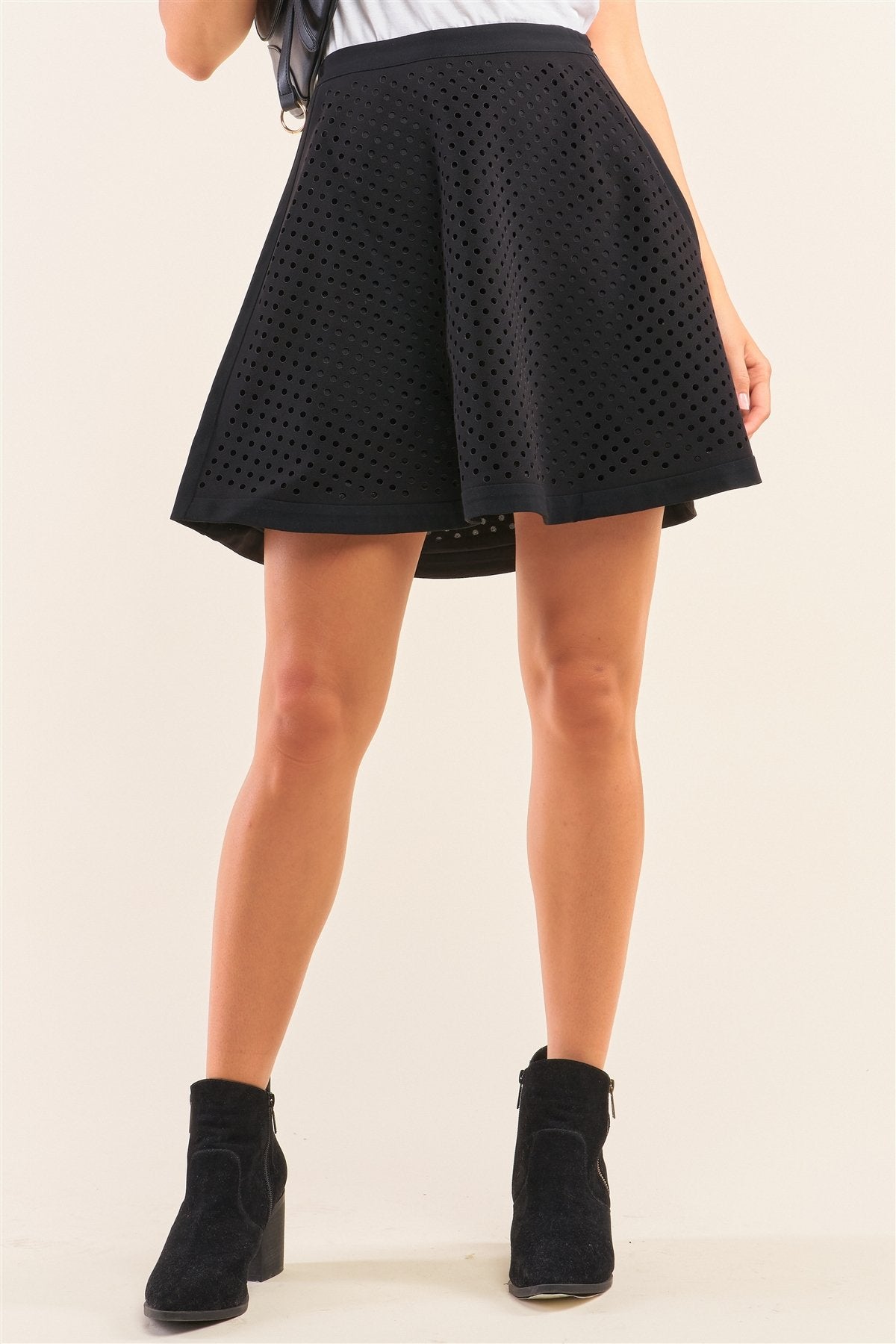 Black Laser Cut Scuba Skater A-line Mini Skirt - YuppyCollections