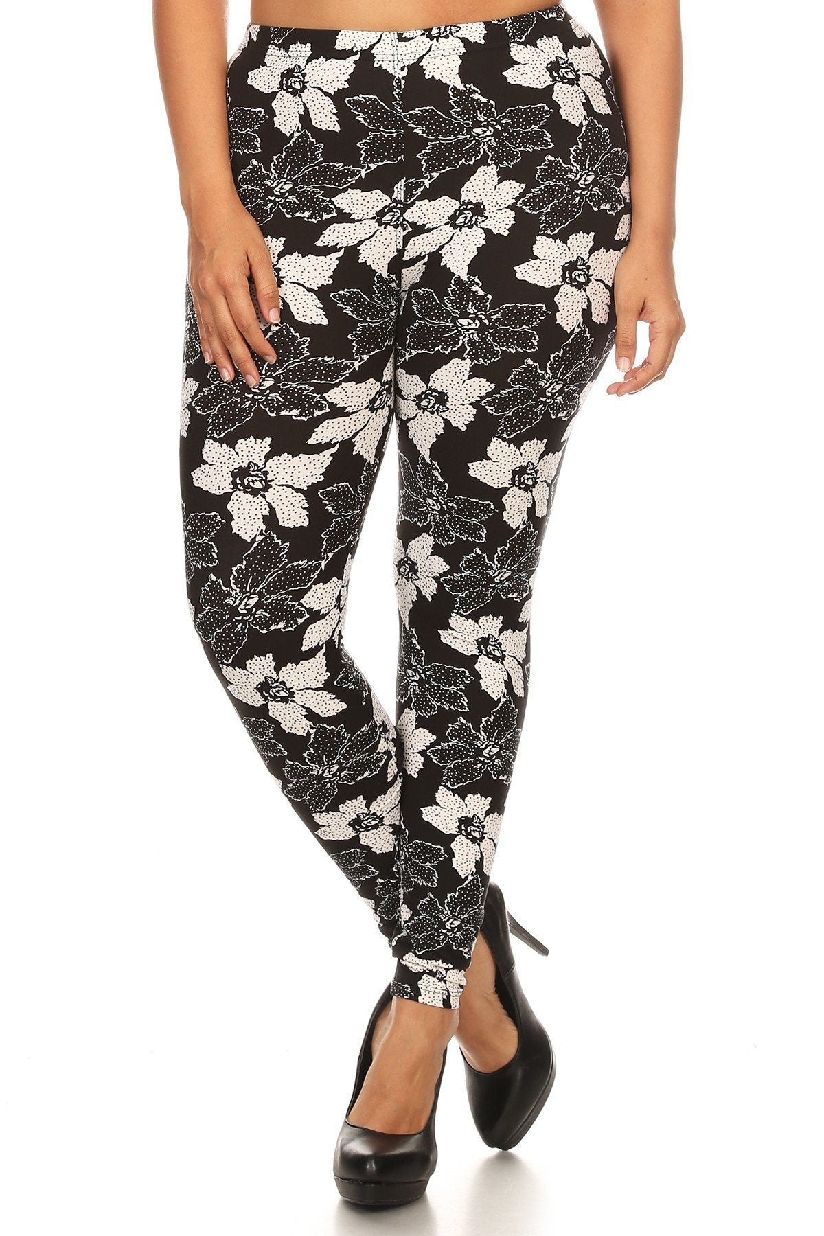 Plus Size Floral Pattern Printed Knit Legging With Elastic Waistband - YuppyCollections