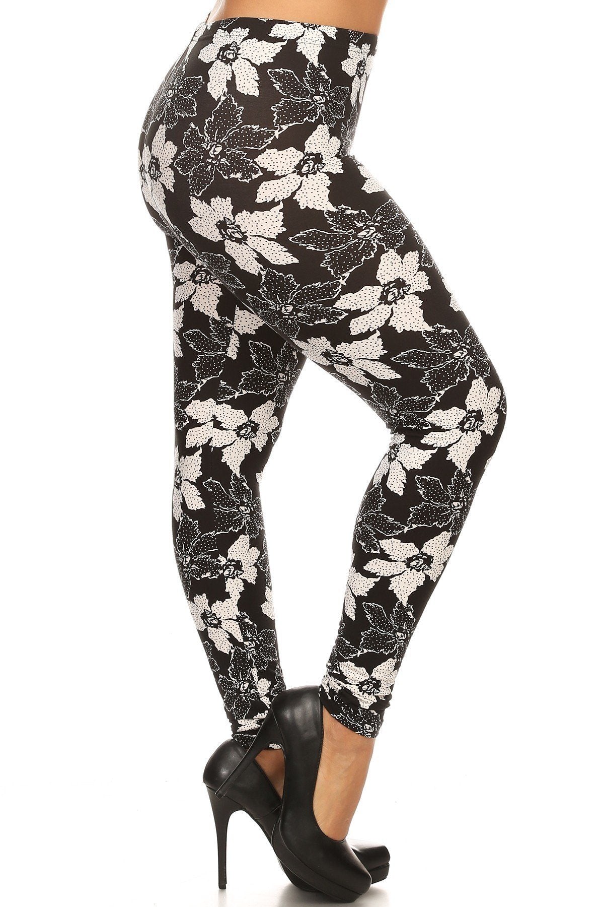 Plus Size Floral Pattern Printed Knit Legging With Elastic Waistband - YuppyCollections