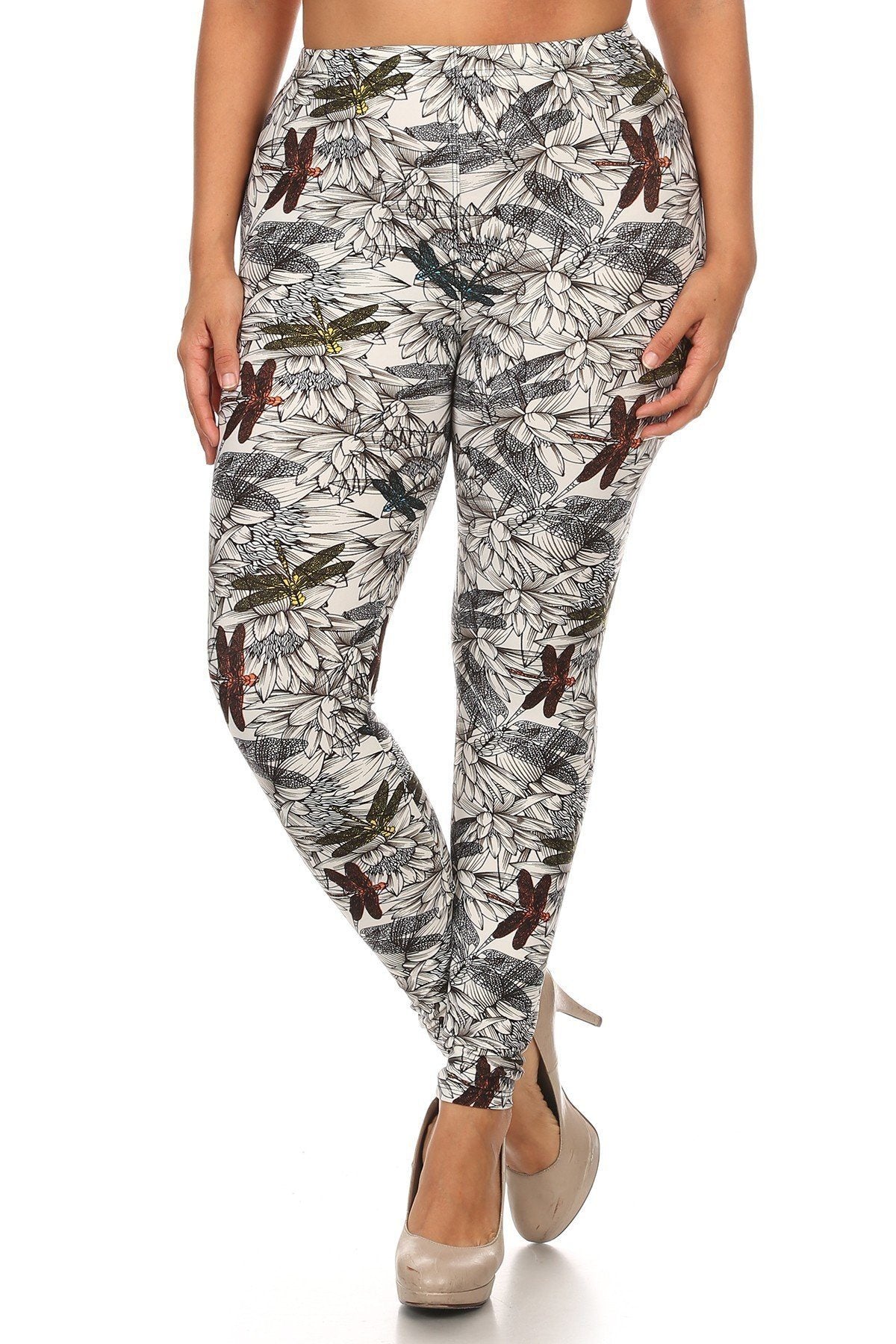 Plus Size Dragonfly Print, Full Length Leggings In A Fitted Style With A Banded High Waist. - YuppyCollections