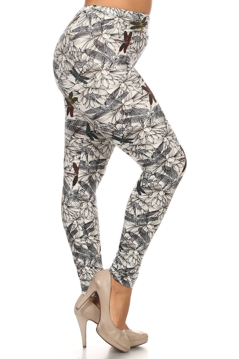 Plus Size Dragonfly Print, Full Length Leggings In A Fitted Style With A Banded High Waist. - YuppyCollections