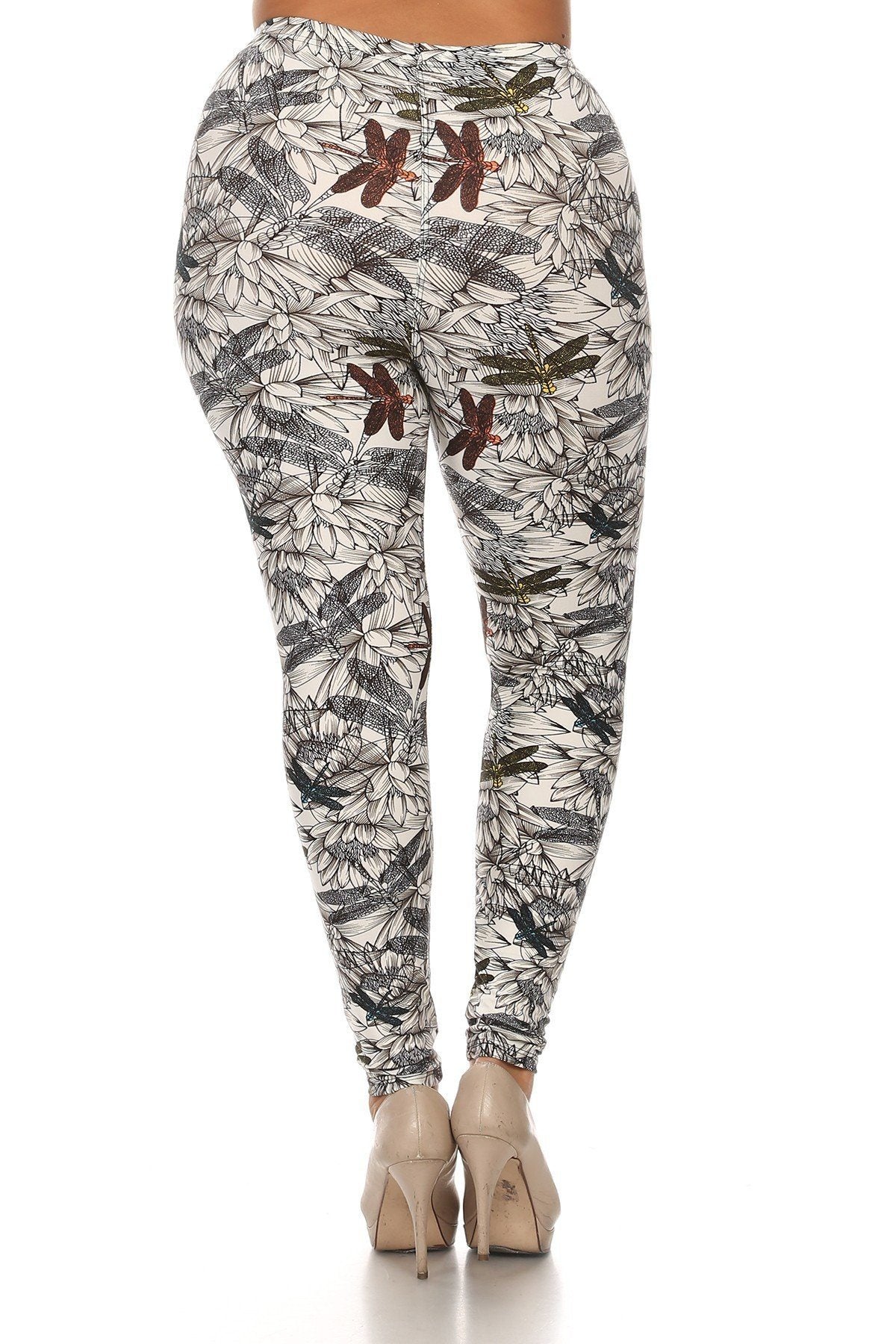 Plus Size Dragonfly Print, Full Length Leggings In A Fitted Style With A Banded High Waist. - YuppyCollections