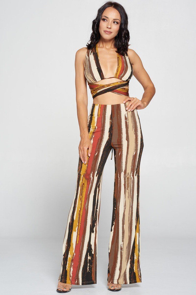 Stripped Cropped Top And Wide Leg Pants Set - YuppyCollections