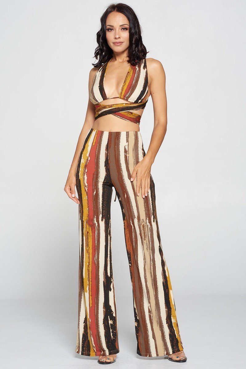 Stripped Cropped Top And Wide Leg Pants Set - YuppyCollections