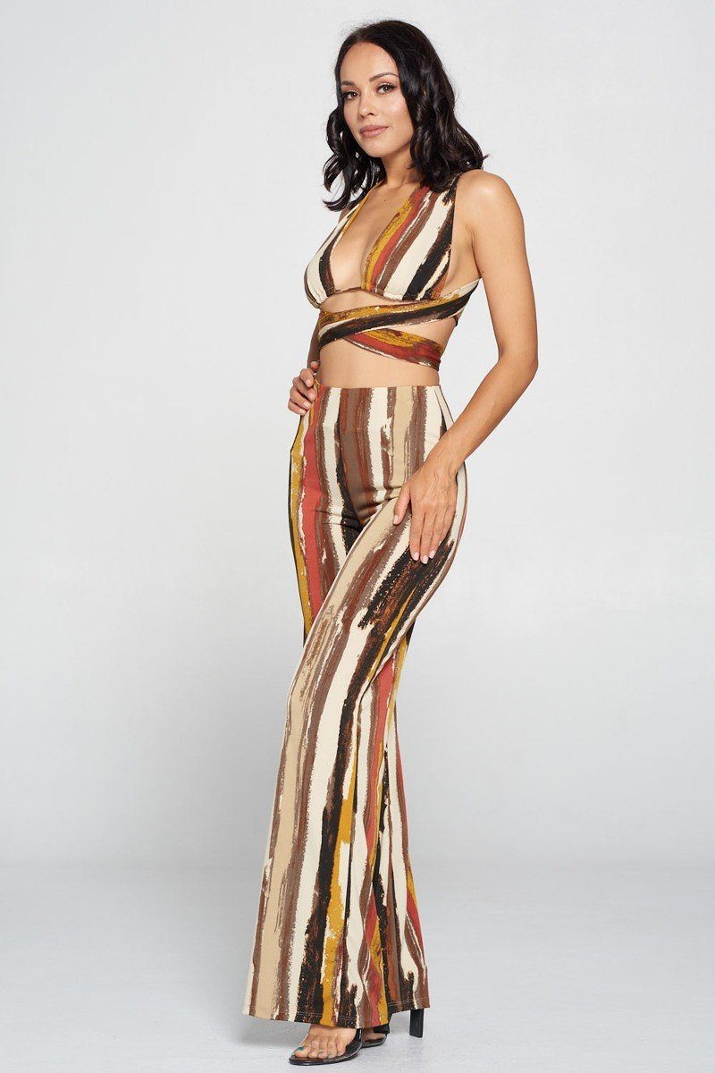 Stripped Cropped Top And Wide Leg Pants Set - YuppyCollections